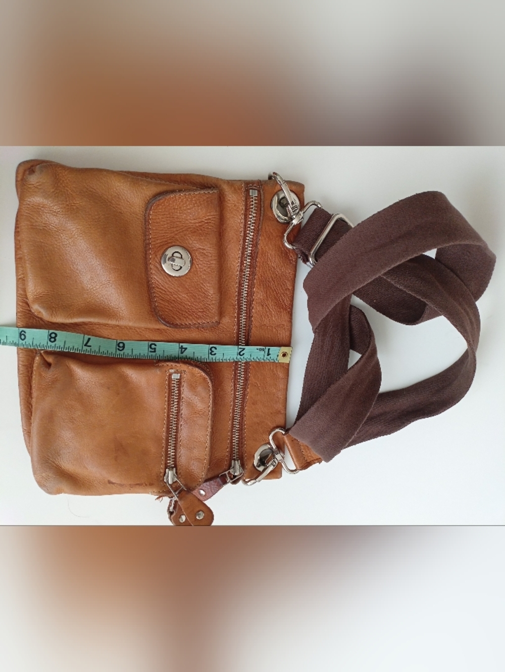 Roots Iconic Village Tribe Leather Embossed Crossbody Adjustable Strap Tan Bag - Picture 6 of 16